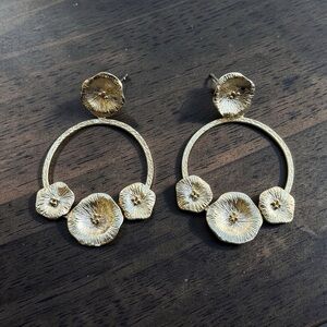 Matte Gold Plated Over Brass Big Circle Frame Anthurium Flower  Dangle Hoop Earr